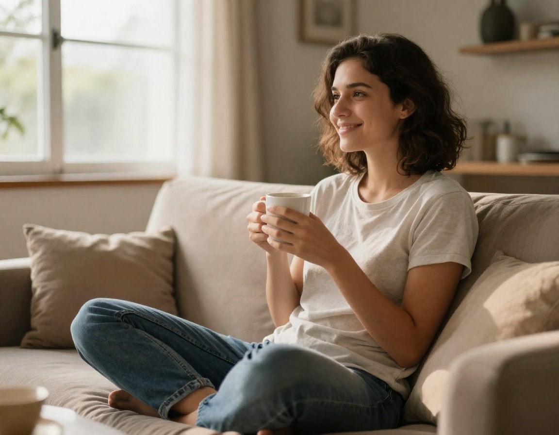 Pessoa relaxada e sorrindo em casa, sentada com uma xícara nas mãos em uma manhã tranquila