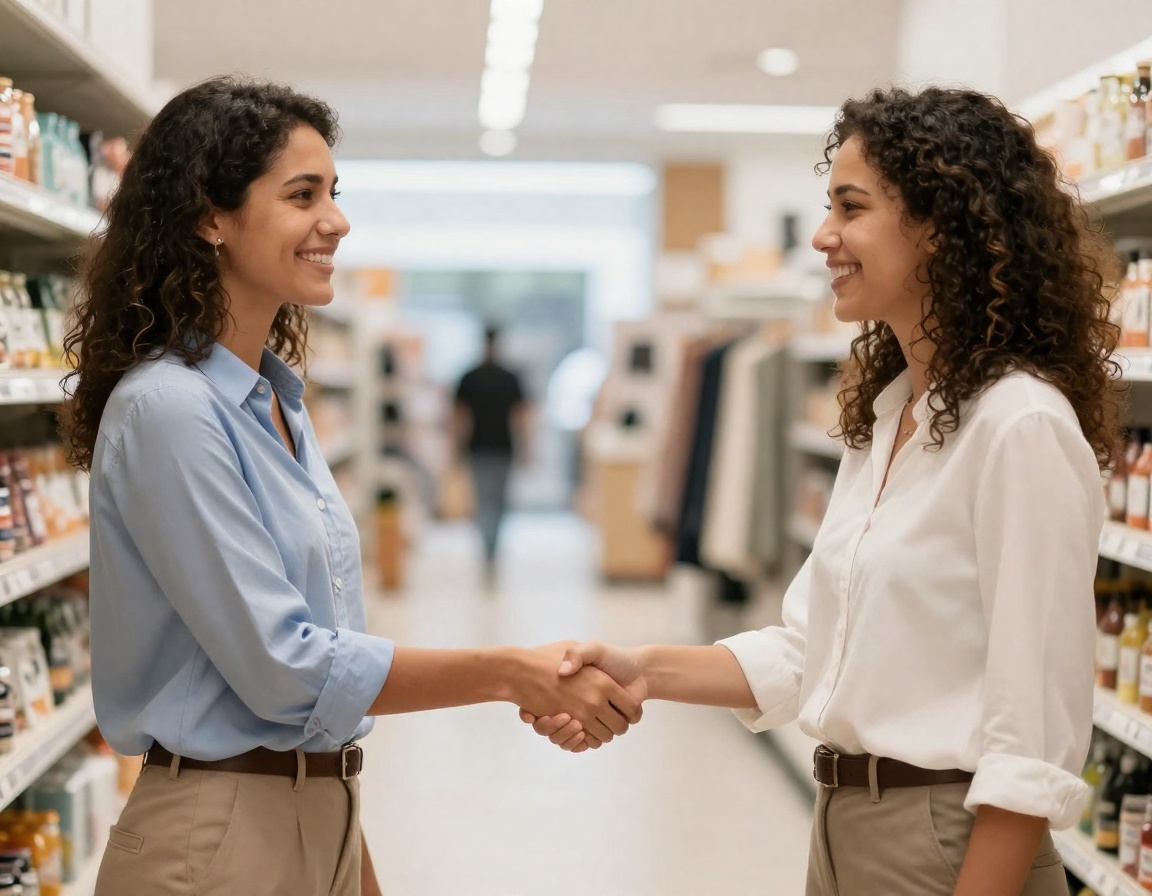 Dois profissionais em traje business-casual apertando as mãos dentro de uma loja iluminada